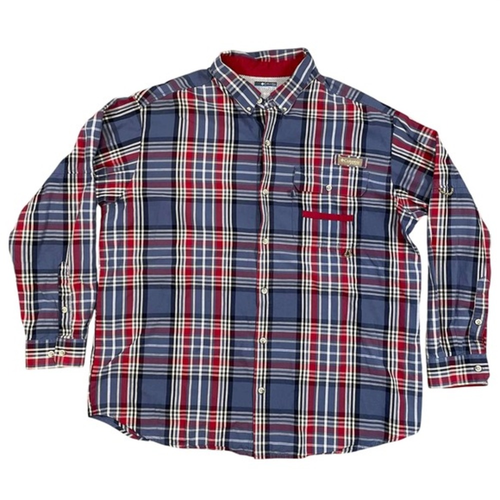 Columbia PHG Mens XXL Red White Blue Plaid Long Sleeve Ventilated Hunting‎ Shirt
